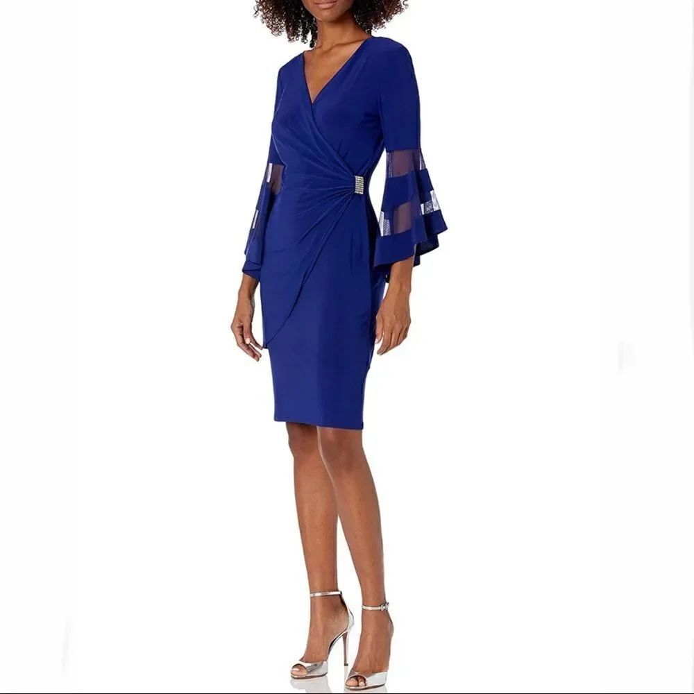 NWT NY Collection Sz S Royal Blue Wraparound Knee-Length Dress with Bell Sleeves